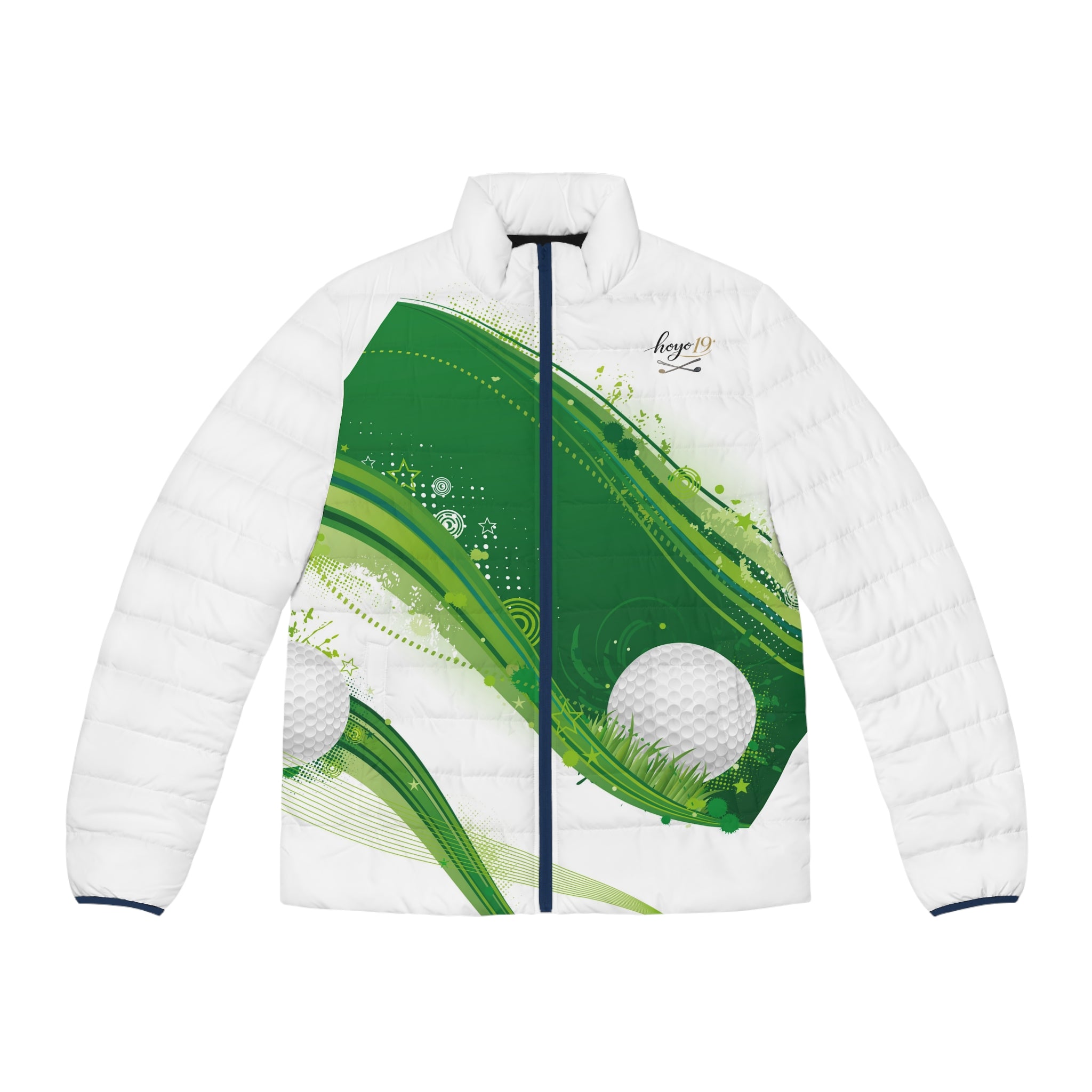 Golf Wave Puffer Jacket — Men's Green Golf Ball Design