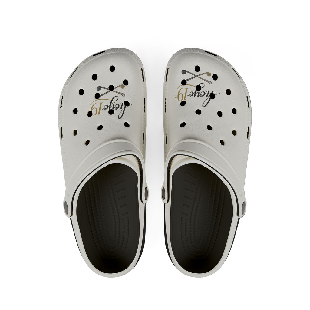 White EVA Foam Clogs with Gold Polka Dots & 'Aloha' Script