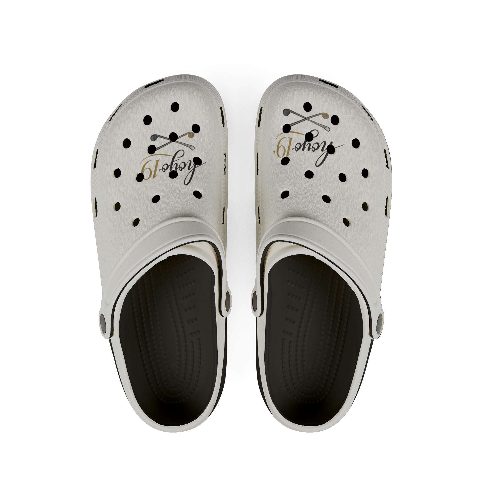 White EVA Foam Clogs with Gold Polka Dots & 'Aloha' Script