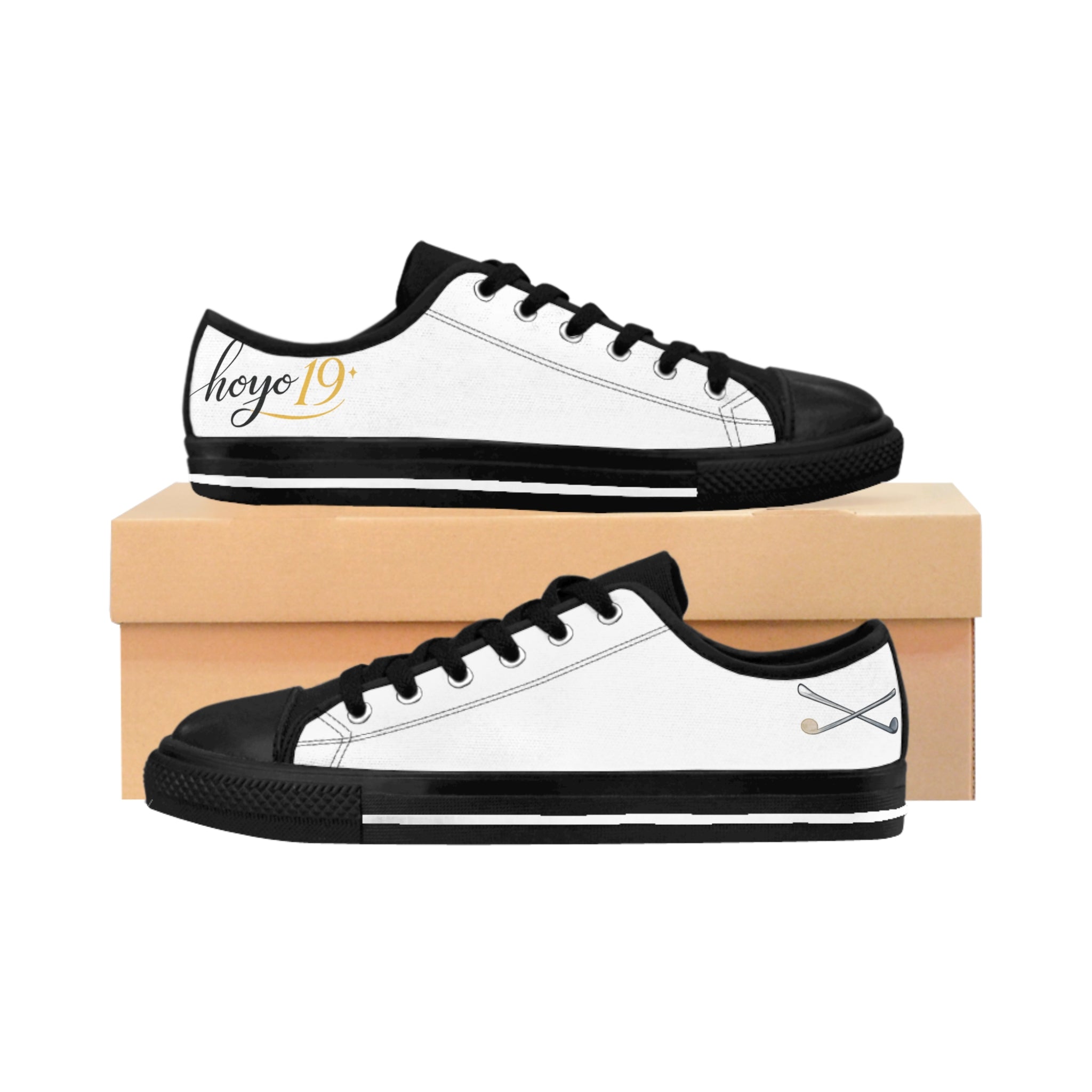 Men's Sneakers — White & Black Custom Low-Top Sneakers with 'hoyo19' Script