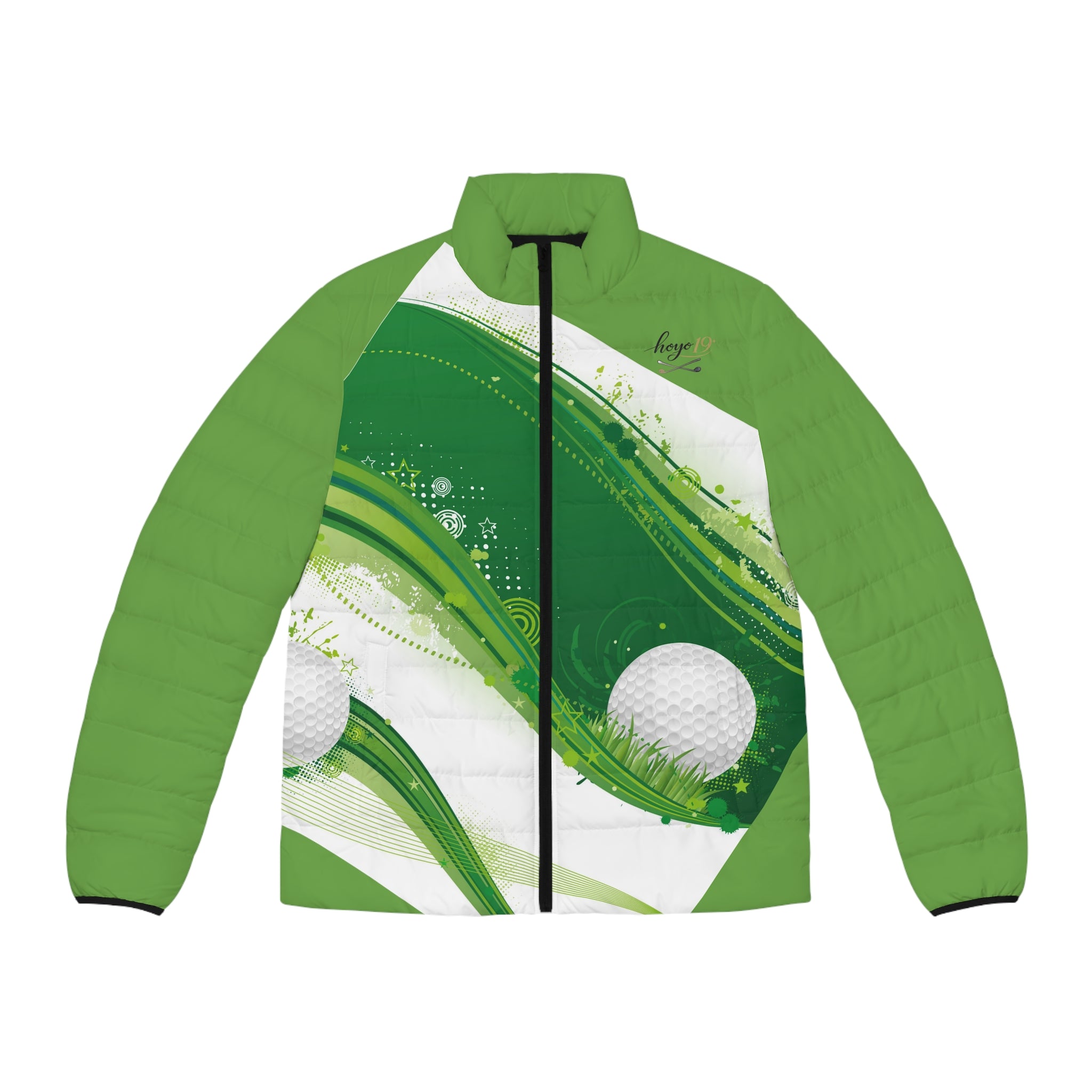 Golf Wave Puffer Jacket — Men's Green Golf Ball Design