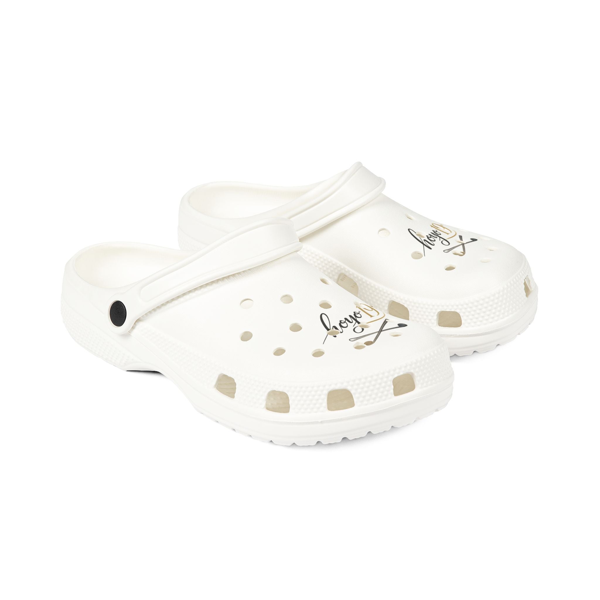 White EVA Foam Clogs with Gold Polka Dots & 'Aloha' Script