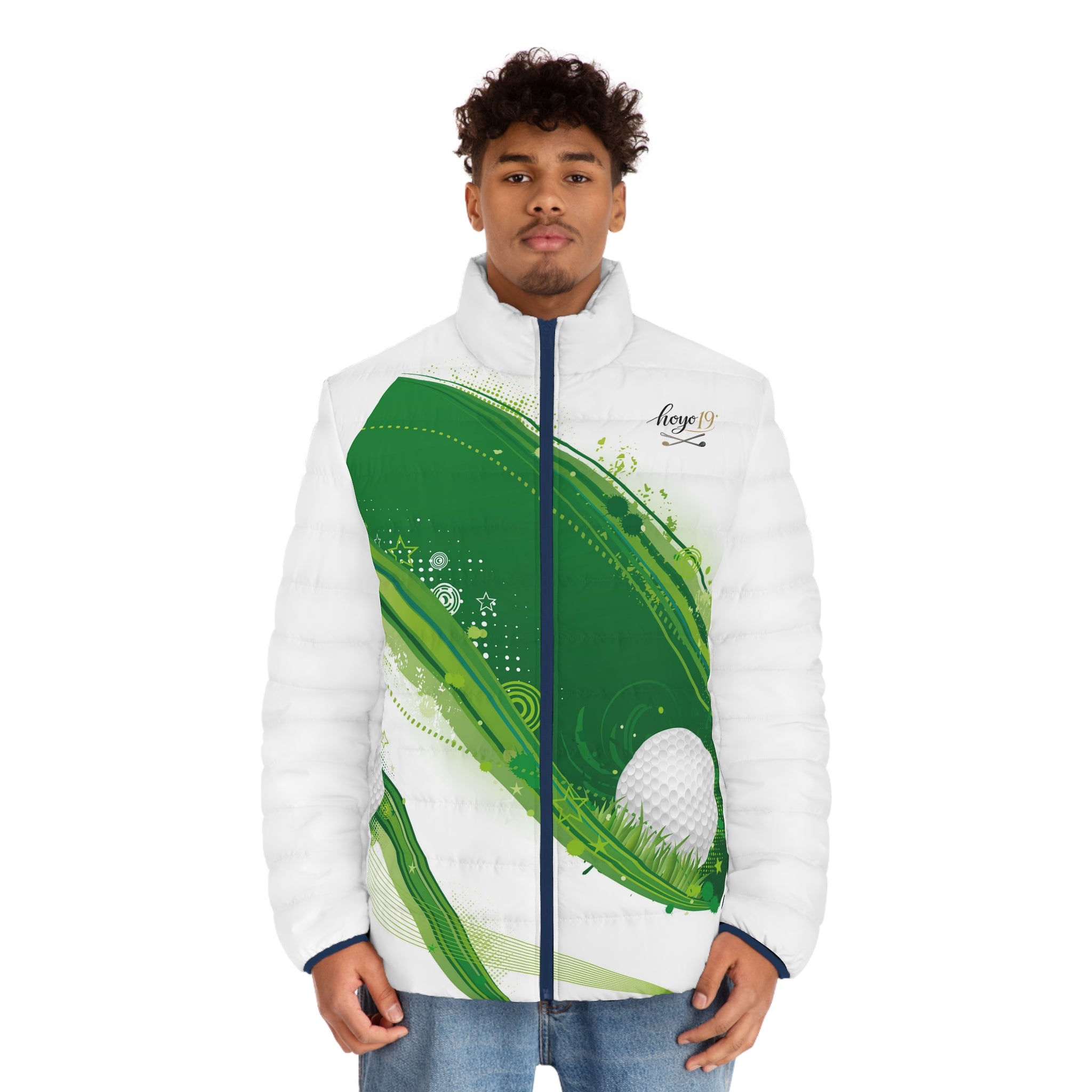 Golf Wave Puffer Jacket — Men's Green Golf Ball Design