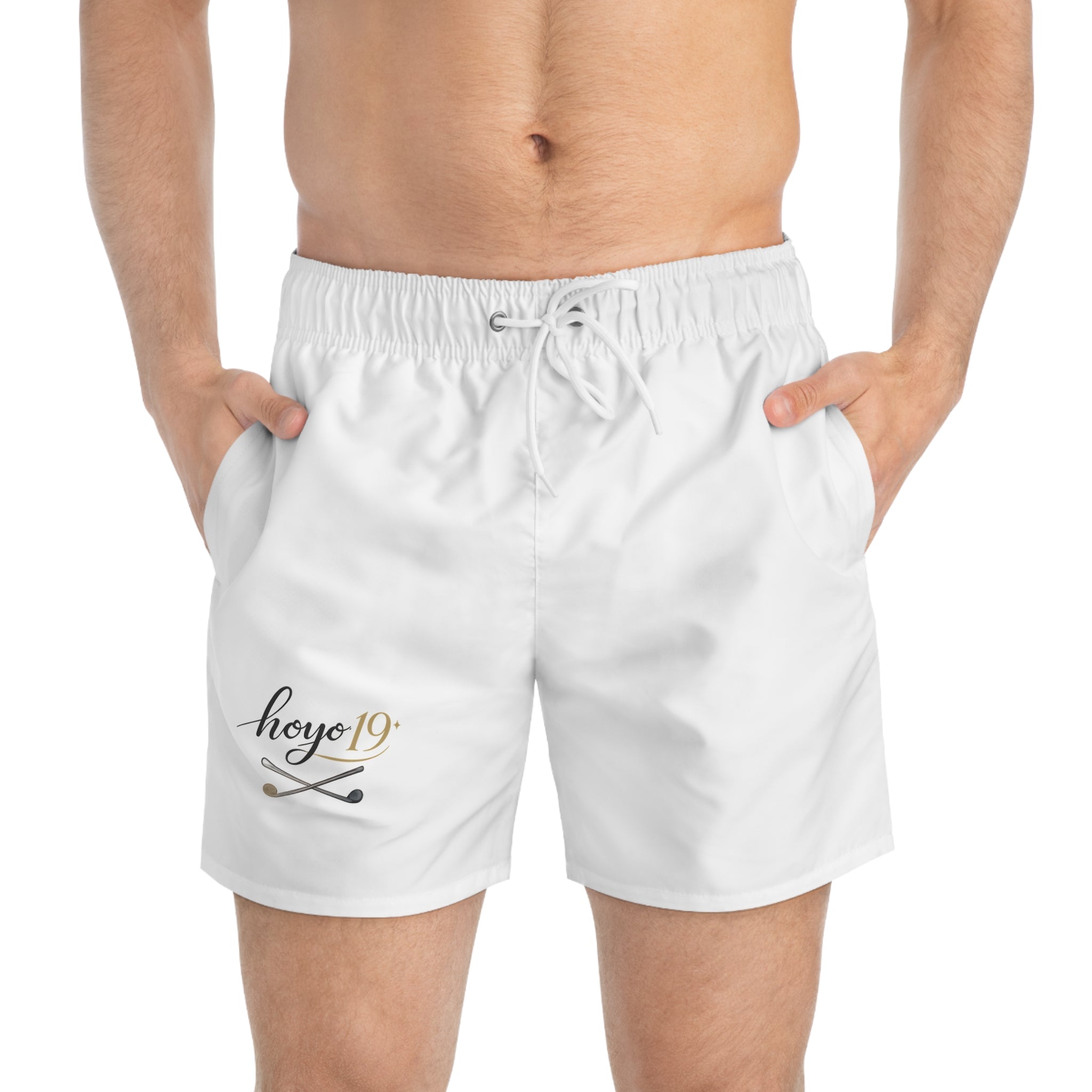 Hoyo 19 Crossed Clubs Swim Trunks — White Beach Shorts