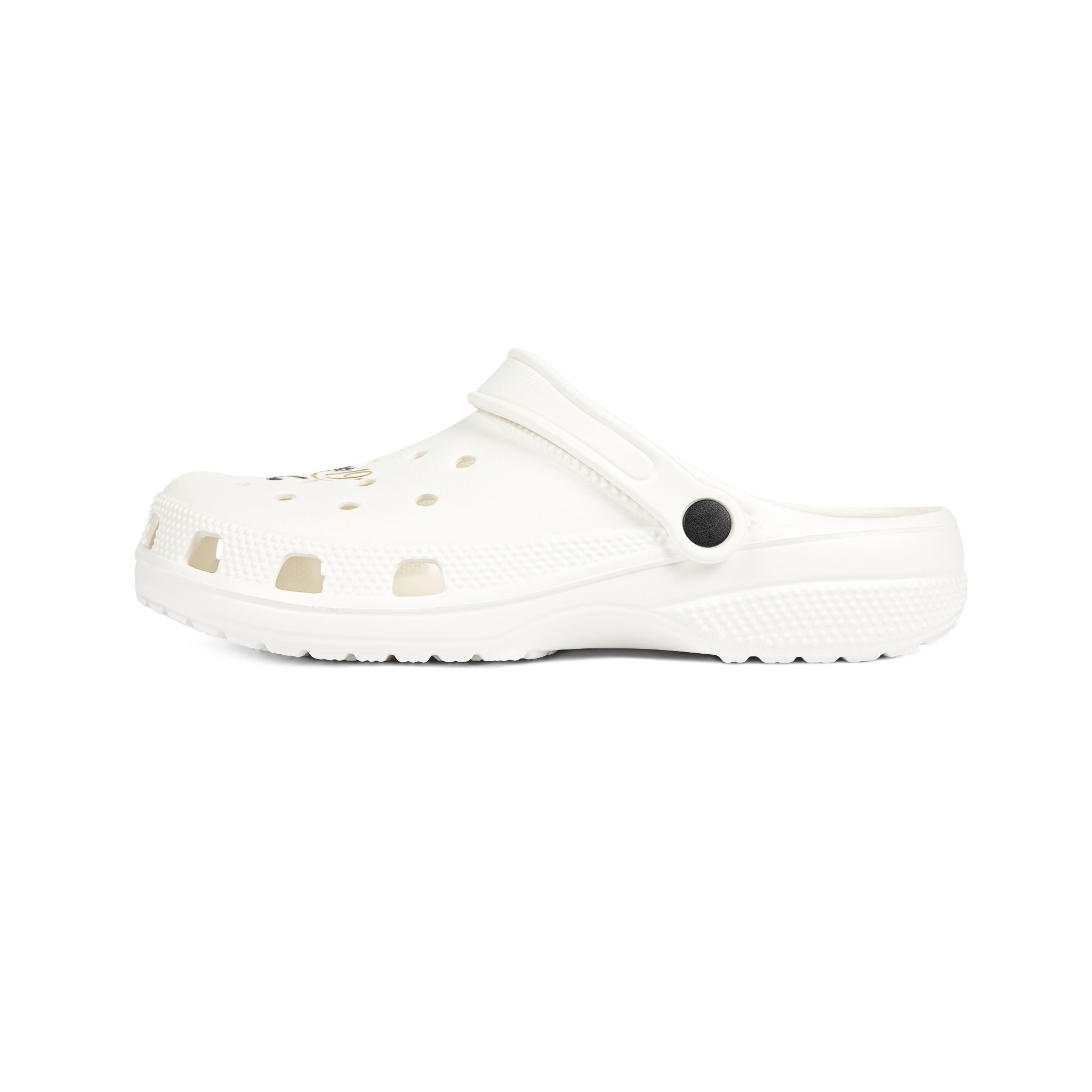 White EVA Foam Clogs with Gold Polka Dots & 'Aloha' Script