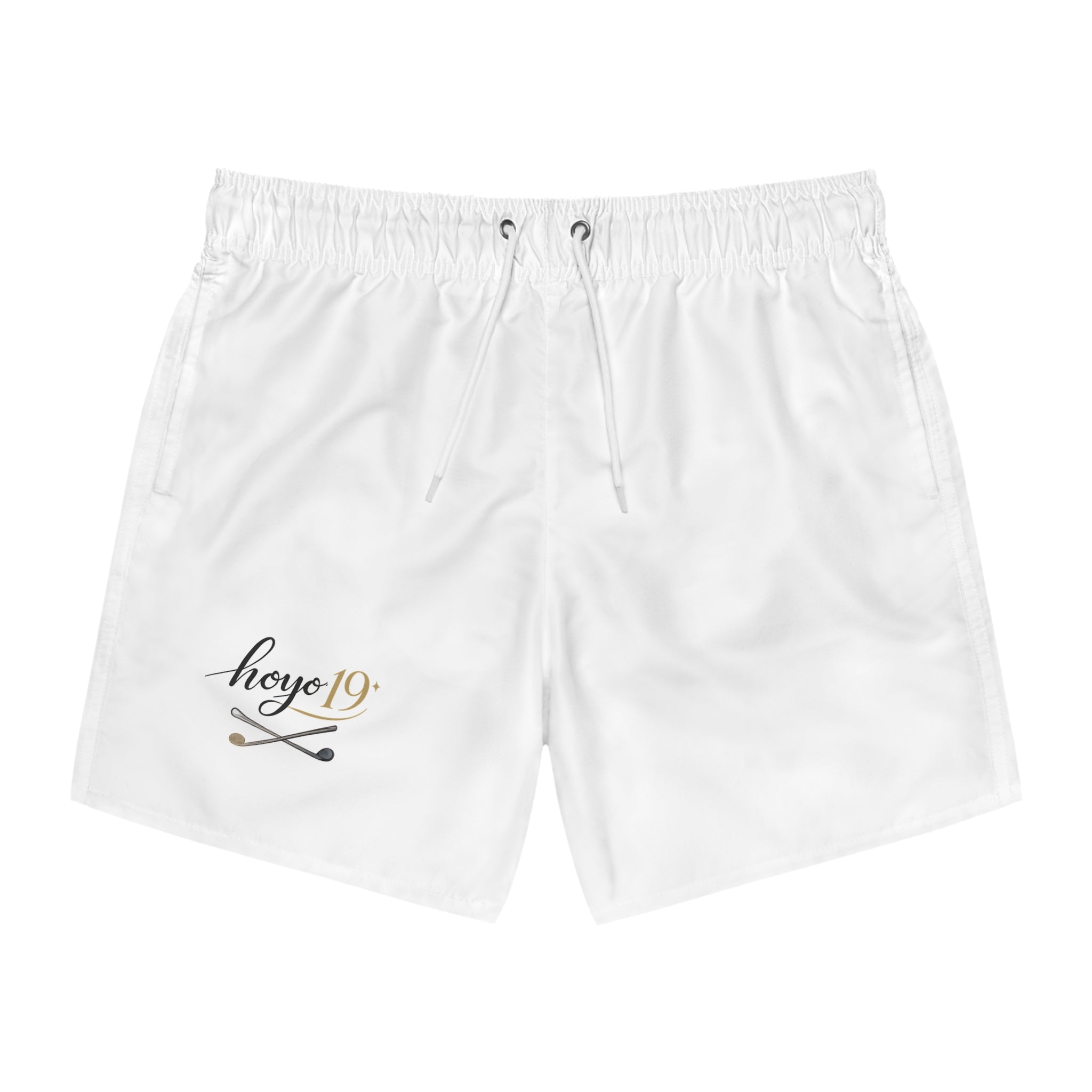 Hoyo 19 Crossed Clubs Swim Trunks — White Beach Shorts