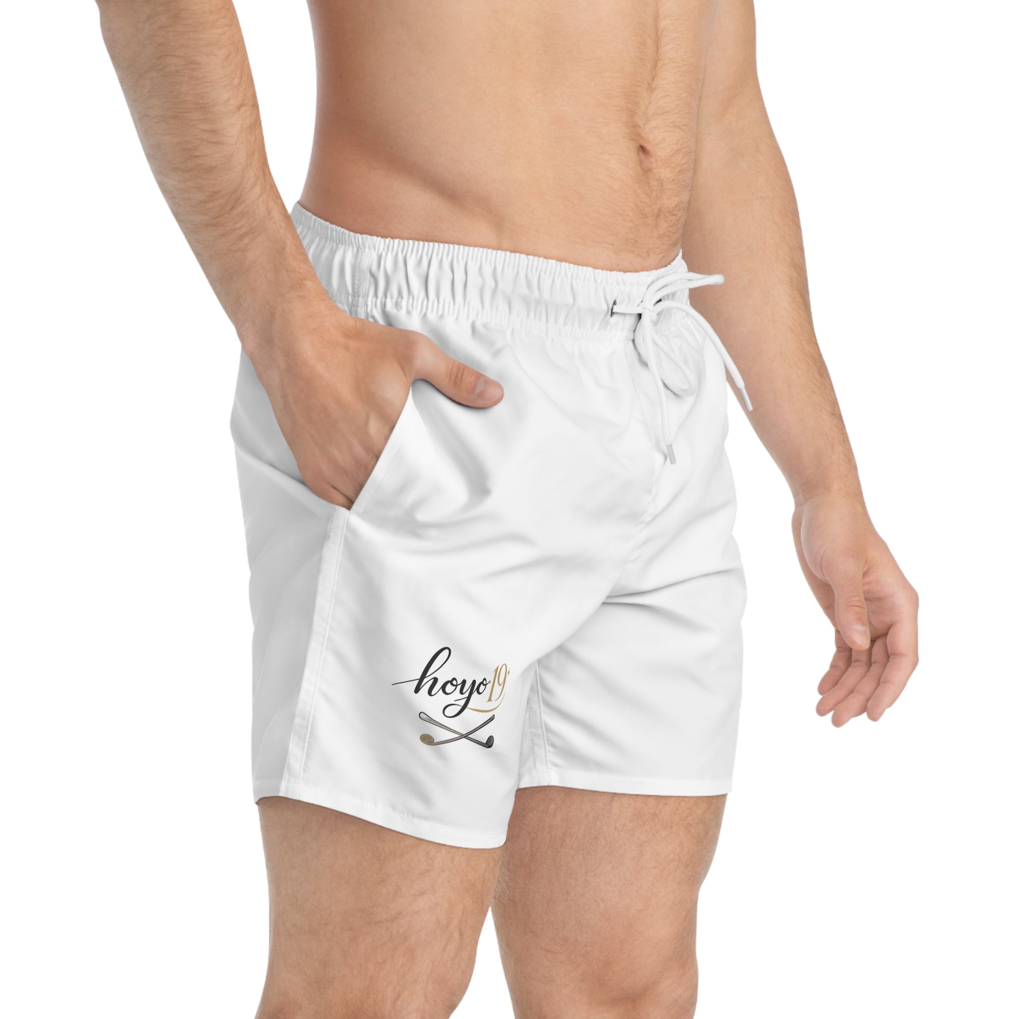 Hoyo 19 Crossed Clubs Swim Trunks — White Beach Shorts