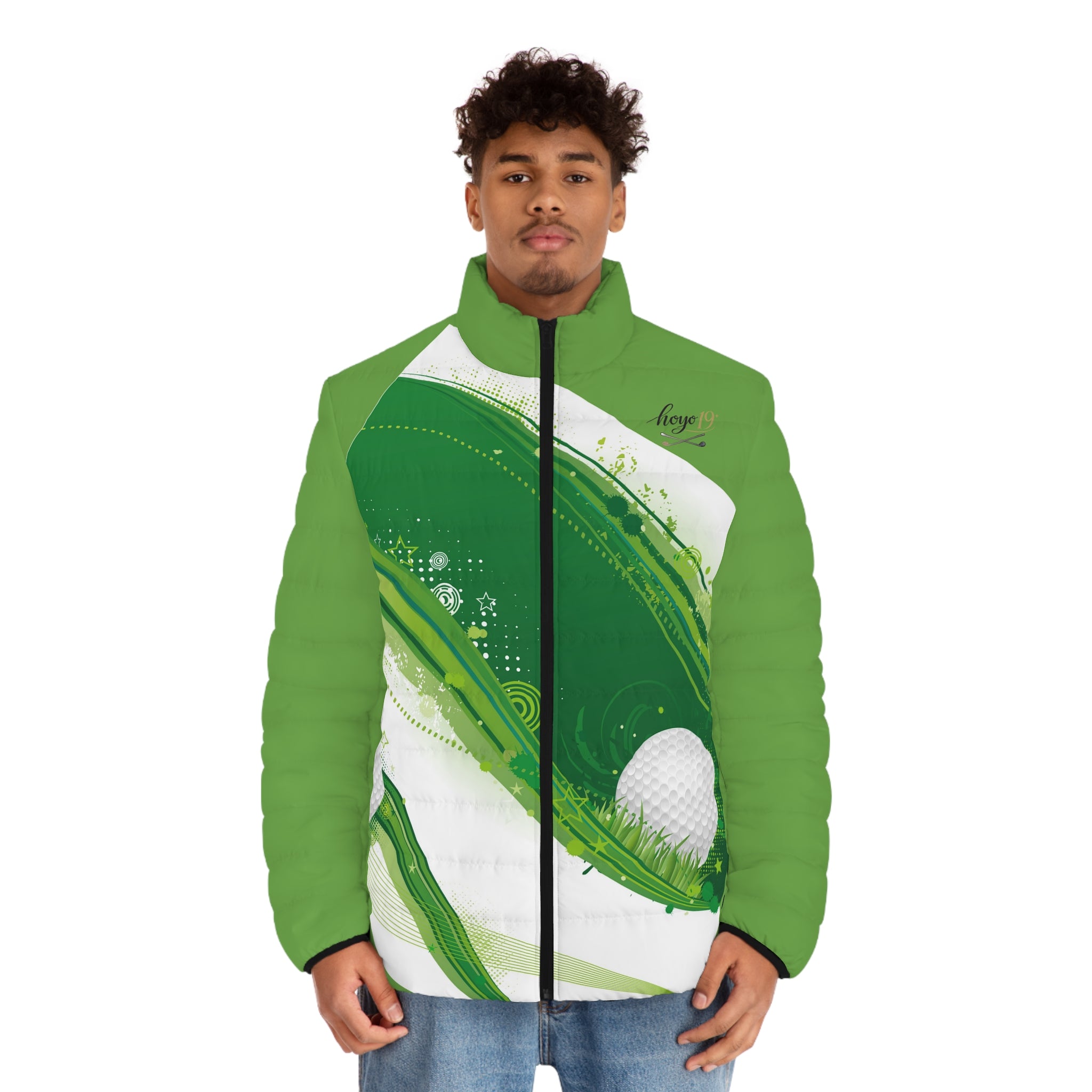 Golf Wave Puffer Jacket — Men's Green Golf Ball Design